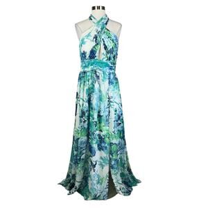 Eliza J Women's Floral Chiffon Cut Out Evening Gown Blue Size 12 Maxi Dress